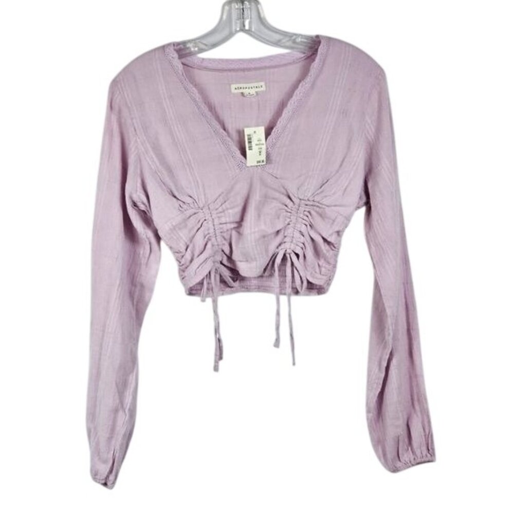 Aeropostale Y2K Coquette Crop Top M Lilac Lace Trim V-Neck Ruched Balloon Sleeve